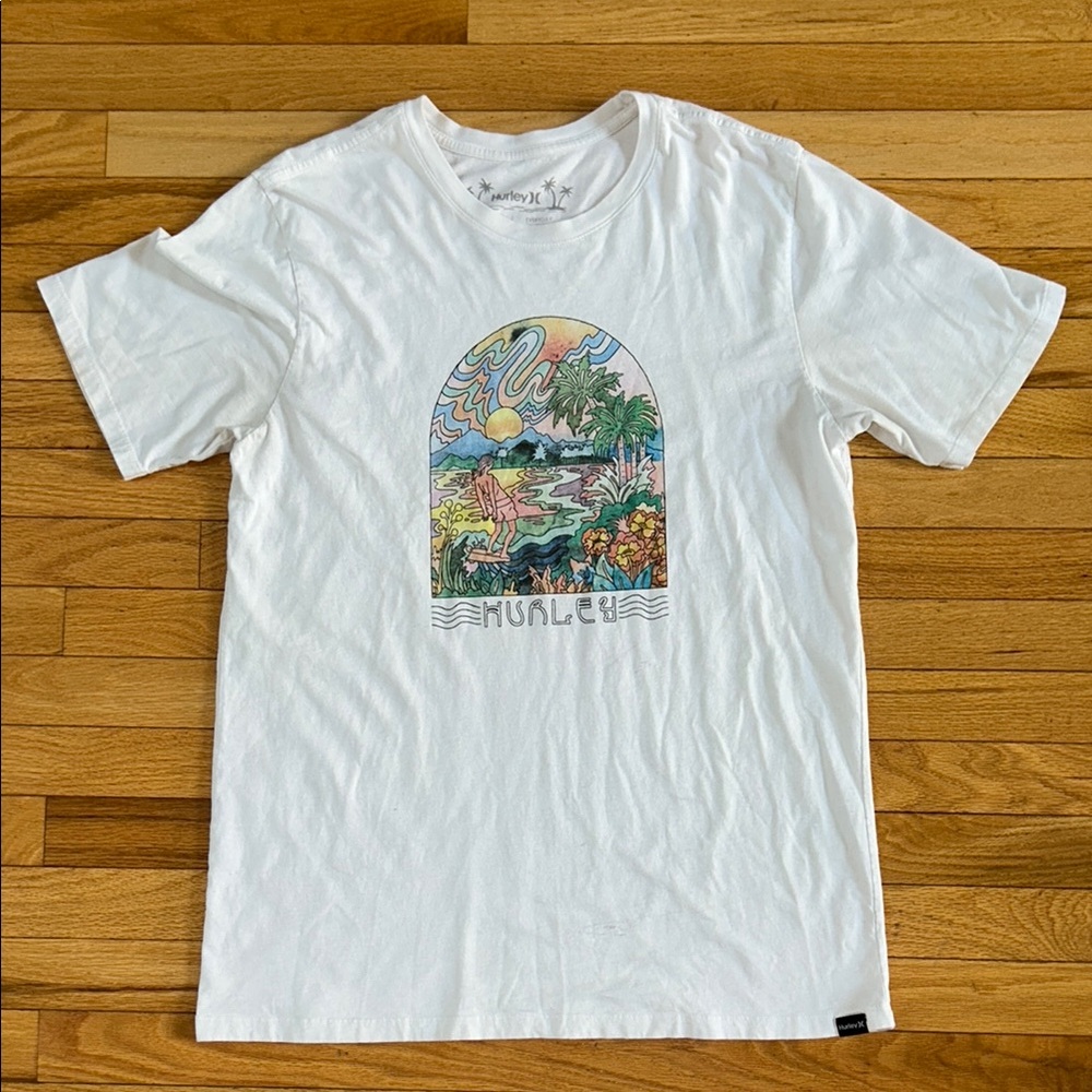 Hurley White Tee with Tropical Graphic